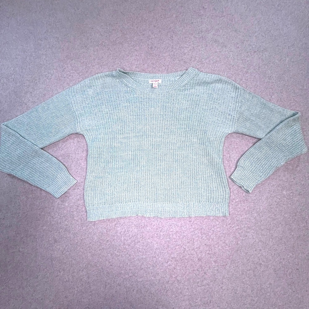 Cat & Jack Girls XL 14 Mint Green Cropped Sweater Knit Crew Neck Long‎ Sleeve